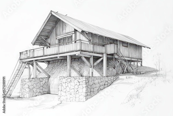 Fototapeta Hand-drawn architectural sketch of a rural hydro-powered sawmill with stone foundation and timber housing. Pencil style illustration on white.