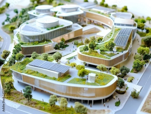 Fototapeta Architectural model of a sustainable hospital complex featuring solar panels, green rooftops, and eco-materials on a detailed engineering layout.