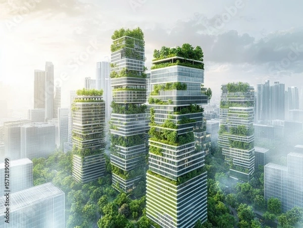 Obraz Professional blueprint of a futuristic vertical eco-city with green terraces and mixed-use towers designed for urban sustainability.