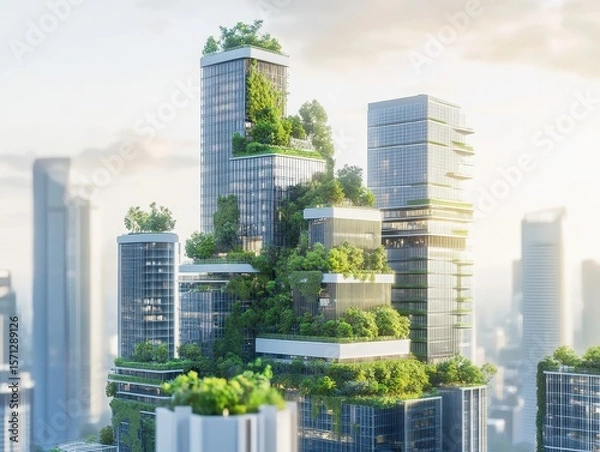 Obraz Professional blueprint of a futuristic vertical eco-city with green terraces and mixed-use towers designed for urban sustainability.