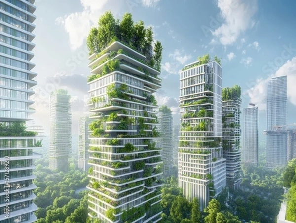 Obraz Professional blueprint of a futuristic vertical eco-city with green terraces and mixed-use towers designed for urban sustainability.