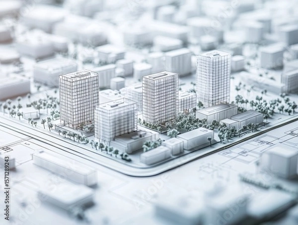 Obraz Architectural scale model of a smart eco-district surrounded by blueprint sketches, showcasing energy-efficient urban planning.