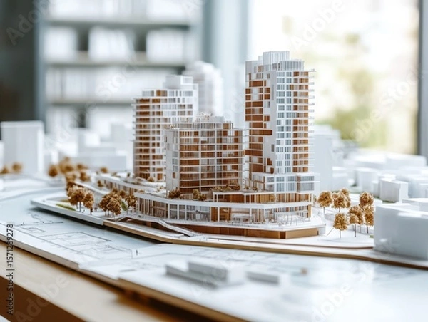 Obraz Architectural scale model of a smart eco-district surrounded by blueprint sketches, showcasing energy-efficient urban planning.