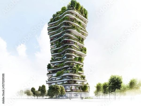 Obraz Sketch of an eco-friendly skyscraper with vertical gardens and integrated renewable energy systems. Modern green building concept.