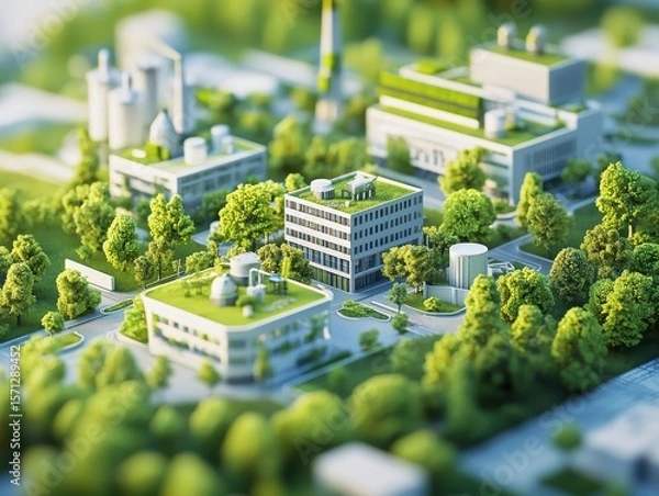 Fototapeta Eco-industrial park visualization with energy-efficient offices and green factories, presented over urban blueprint layout.