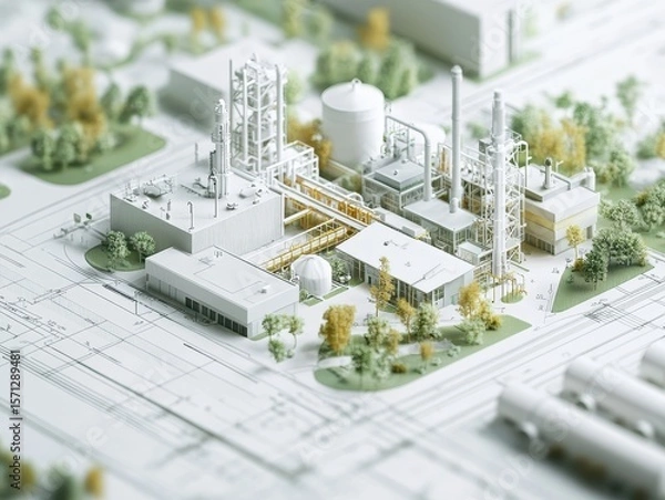 Fototapeta Eco-industrial park visualization with energy-efficient offices and green factories, presented over urban blueprint layout.