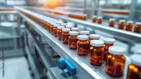 Fototapeta High-tech conveyor belt sorting pharmaceutical bottles in an automated warehouse. Efficient logistics in a clean, industrial setting.