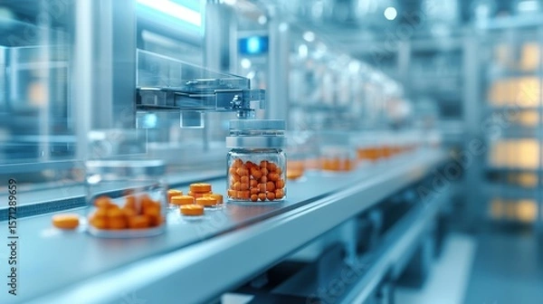 Fototapeta Automated prescription pill dispenser operating in a modern, sterile pharmacy environment. Futuristic medical technology in action.