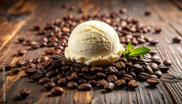 Fototapeta Perfectly Rounded Scoop of Melting Creamy Ice Cream Surrounded by Scattered Roasted Coffee Beans on a Rustic Wooden Surface, Capturing Warm Tones and Cozy, Artisanal Dessert Vibes