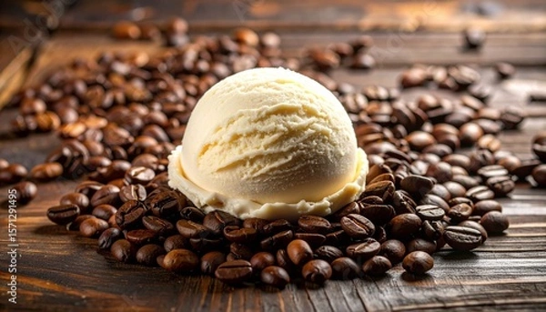 Fototapeta Perfectly Rounded Scoop of Melting Creamy Ice Cream Surrounded by Scattered Roasted Coffee Beans on a Rustic Wooden Surface, Capturing Warm Tones and Cozy, Artisanal Dessert Vibes