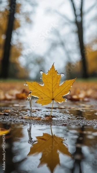 Fototapeta Yellow Maple Leaf Splashing in Autumn Rain Puddle