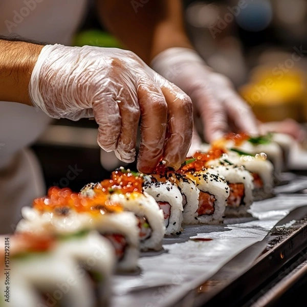 Fototapeta The Art of Sushi: Detailed Close-Up of a Chef Skillfully Assembling a Gourmet Roll, sushi on the table