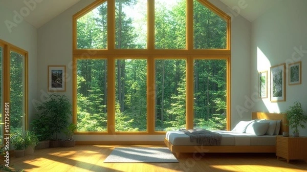 Fototapeta Cozy bedroom with large forest view
