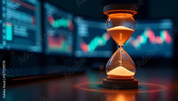 Fototapeta A digital hourglass counts down with falling market data — a symbol of urgency and time sensitivity in trading.