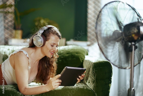 Obraz A smiling woman lies comfortably on a green velvet sofa, engaging with her tablet through headphones. A standing fan and blinds indicate a cooled indoor space for leisure and digital enjoyment.