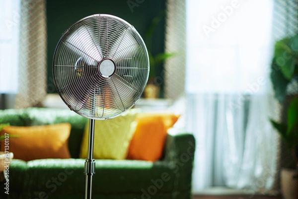 Obraz A prominent silver standing fan with spinning blades brings comfort to a modern living room, featuring a green sofa, sunlit windows with sheer white curtains, ideal for staying cool in warm weather.