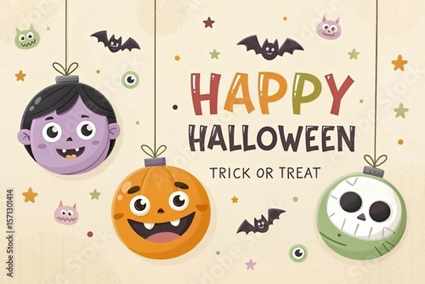 Fototapeta Cute halloween greeting card featuring hanging ornaments with monsters bats and text