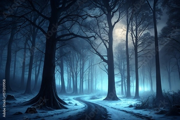 Fototapeta Mysterious winter forest path illuminated by ethereal blue light and faint moonlight