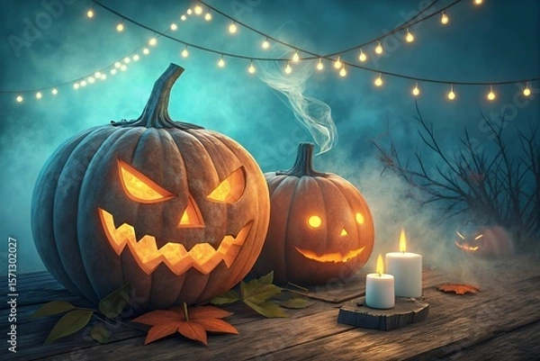 Fototapeta Two glowing carved halloween pumpkins with spooky faces sit on a wooden table under festive string lights
