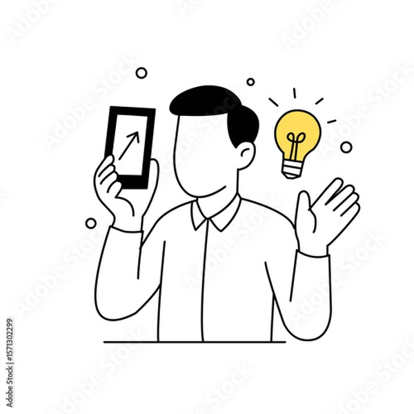 Fototapeta Business idea concept illustration. Man holding phone with growth arrow and light bulb. Mobile business analytics and startup strategy symbol.