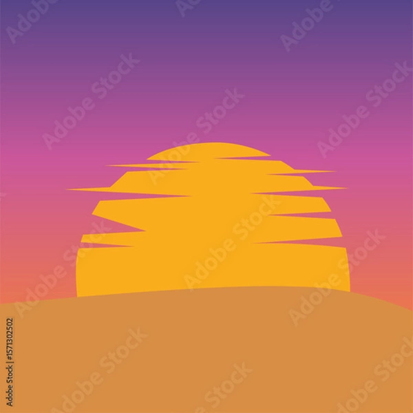 Fototapeta Stylized vector illustration of a sunset or sunrise over hills with a gradient sky. Great for backgrounds, nature scenes, landscape art, posters, or relaxing visual