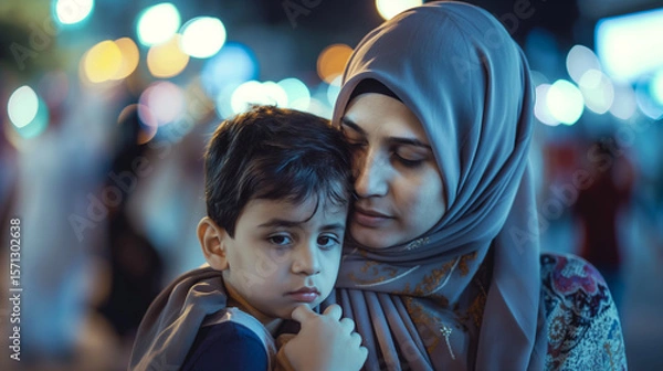 Obraz Muslim mother and son spending time together in the city at night. Warm family moment with urban lights and bokeh in the background. Concept of love, culture, and connection.