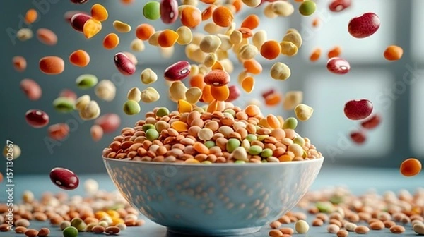 Fototapeta A cascading waterfall of colorful legumes pouring into a bowl, surrounded by floating nutritional icons