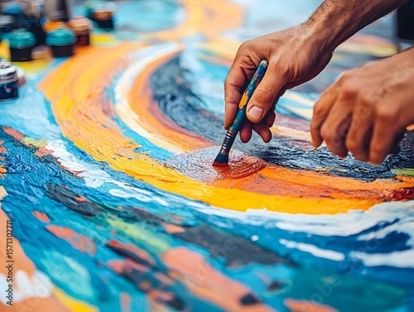 Fototapeta Colors in Motion: A Close-Up of Hands Bringing a Street Mural to Life, hand with paint brush
