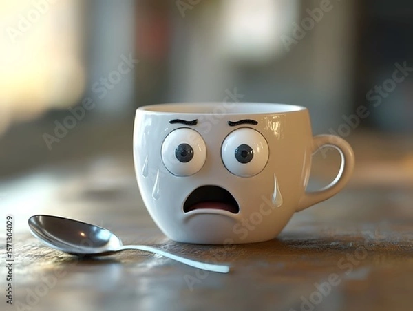 Fototapeta Brewed Anxiety: An Animated Coffee Mug Reacting with Fear and Emotion, cup of coffee
