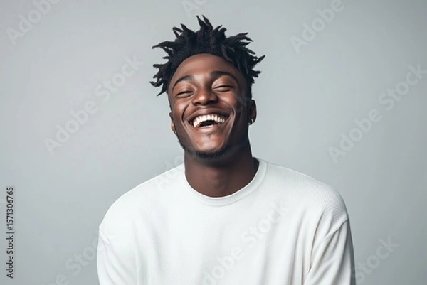 Fototapeta Studio portrait of a young Black African American male model with curly dreadlocks, laughing against a neutral grey backdrop. Casual white sweatshirt, cheerful, vibrant, and carefree vibe.