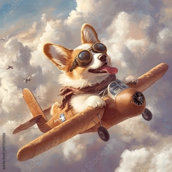 Fototapeta Sky Captain Corgi: The Confident Pup Sporting Aviator Goggles and a Flying Scarf, dog in the sky