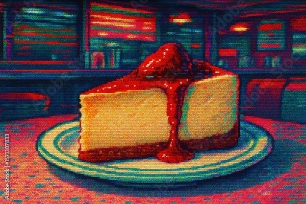Fototapeta Retro diner charm: cheesecake with strawberry topping in vibrant colors