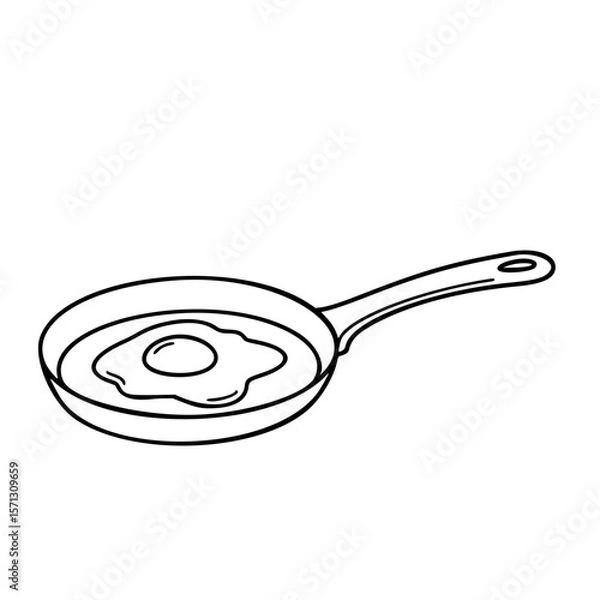 Fototapeta Frying pan with cracked egg illustration in simple linear vector style  