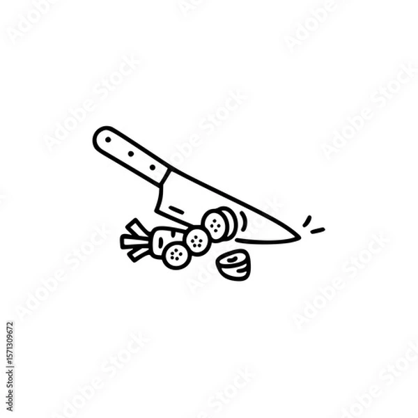 Fototapeta Kitchen knife chopping vegetables in simple linear vector icon  