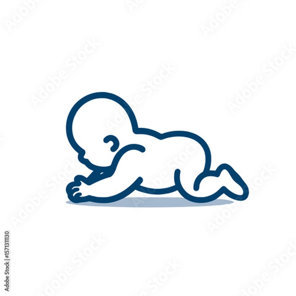 Obraz Simple line art illustration of a crawling baby in blue on a white background with copy space