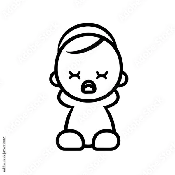 Obraz Simple line art illustration of a crying baby with closed eyes on a white background with copy space