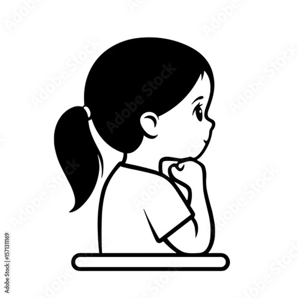 Fototapeta Line art illustration of a thoughtful girl resting her chin on her hand on a white background with copy space