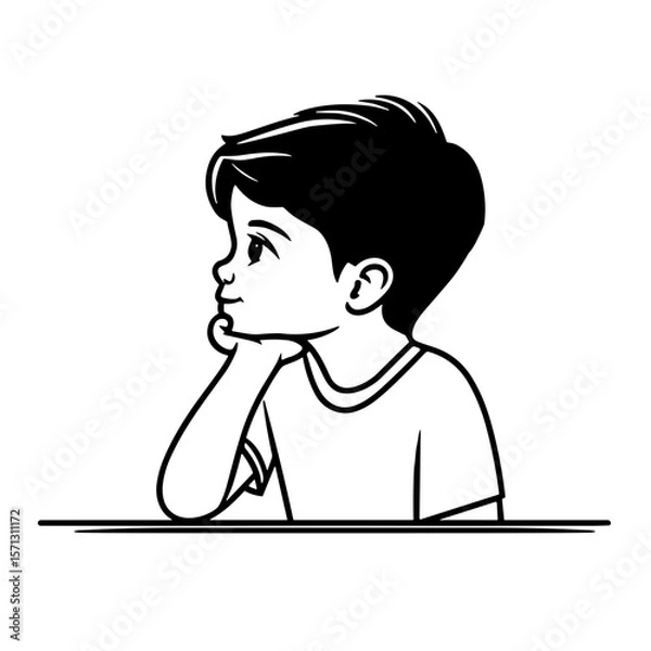 Obraz Line art illustration of a thoughtful boy resting his chin on his hand on a white background with copy space
