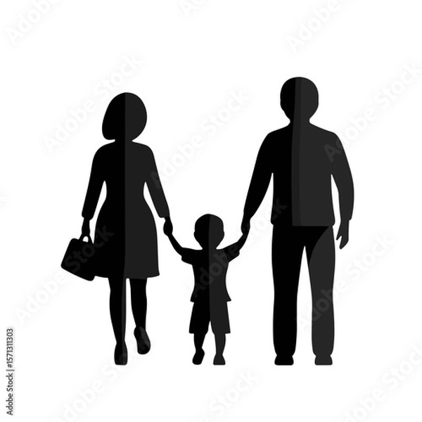 Fototapeta Silhouette illustration of a family holding hands on a white background with copy space
