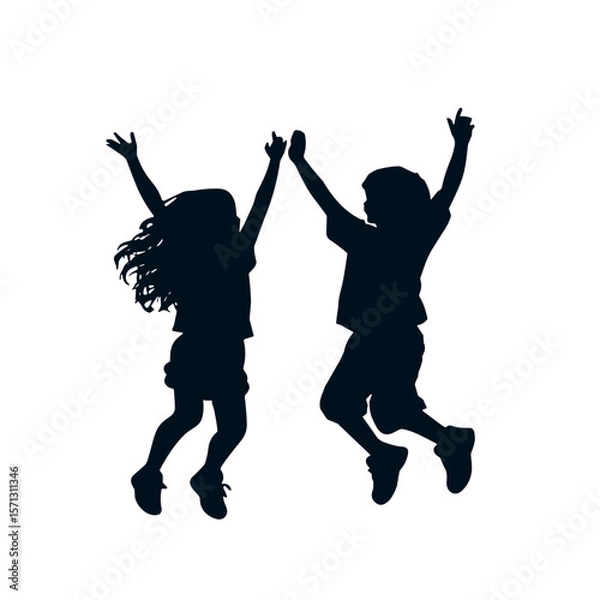Fototapeta Silhouette illustration of a girl and a boy jumping together on a white background with copy space