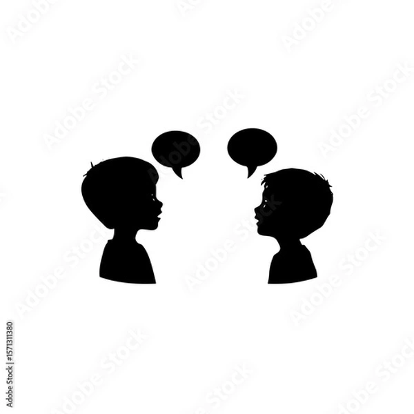 Fototapeta Silhouette illustration of two boys talking with speech bubbles on a white background and copy space
