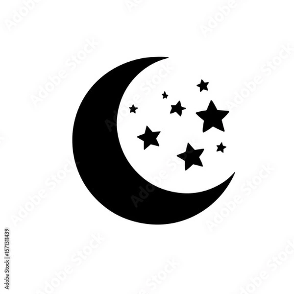Fototapeta Stylized black crescent moon and stars illustration on a white background with copy space
