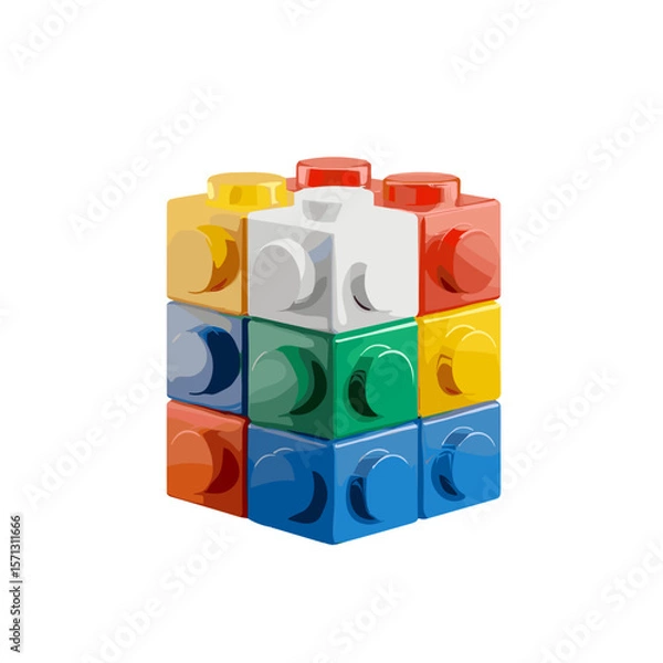 Fototapeta Colorful toy building blocks arranged in a cube shape on a white background with copy space