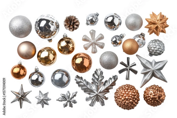 Fototapeta Christmas Ornament Collection: A delightful array of silver, gold, and copper Christmas tree ornaments, showcasing a variety of shapes and textures, including baubles, stars, snowflakes.