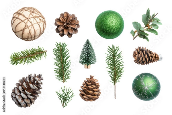 Fototapeta Festive Elements: A collection of natural and decorative elements come together, showcasing the festive spirit with ornaments, pinecones and branch.