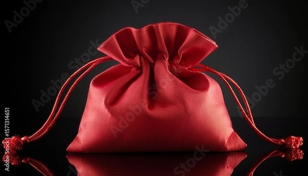 Fototapeta elegant red fabric gift bag on black background with drawstring closure