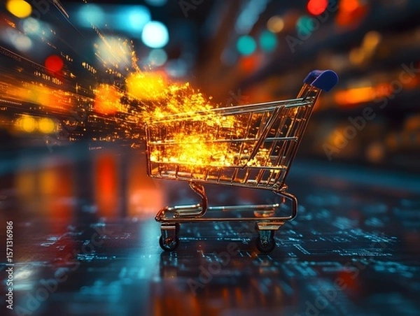 Fototapeta Digital Shopping Cart with Sparks and Lights in Abstract Background