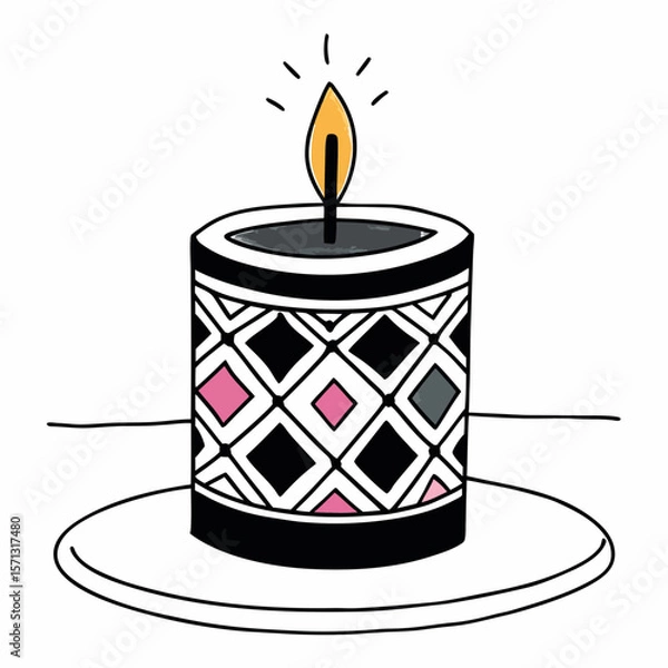 Fototapeta Hand Drawn Candle with Geometric Pattern and Glowing Flame on a White Background