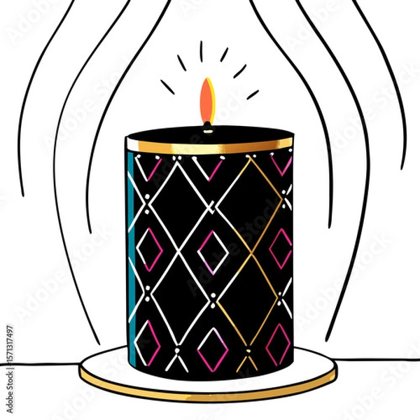 Fototapeta Stylized Candle with Diamond Pattern and Flame Surrounded by Drawn Lines Simple Aesthetic