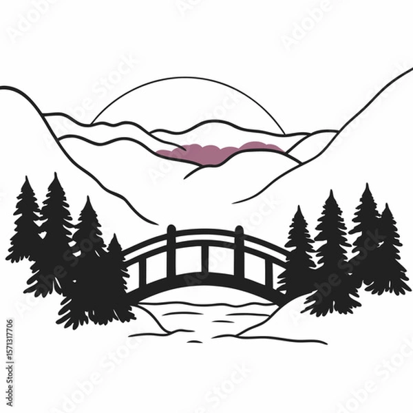 Fototapeta Minimalist Mountain Landscape with Bridge River and Pine Trees in Black and White
